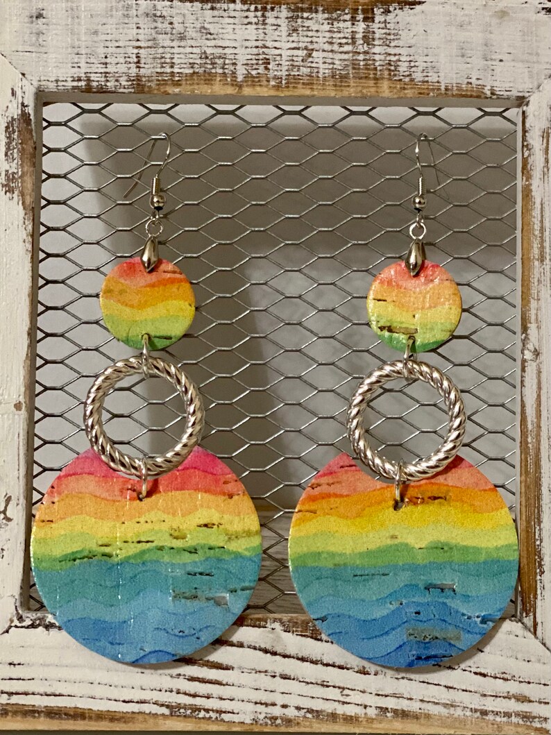 Large dangle rainbow cork earrings
