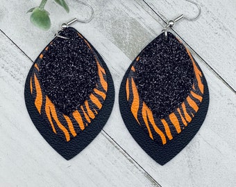 Tiger print earrings, tiger stripe earrings, Black glitter, handmade jewelry, gift for her