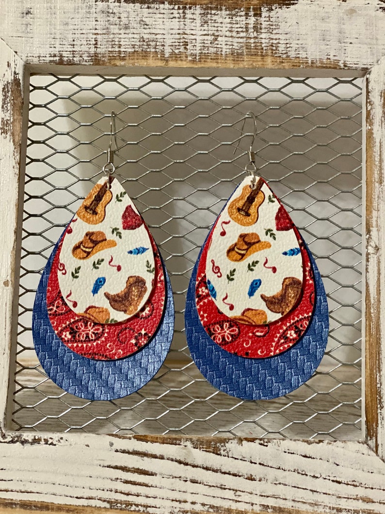 On the ranch guitarcowboy bootshat triple layer earrings