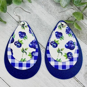 Blueberries and blue gingham faux leather earrings