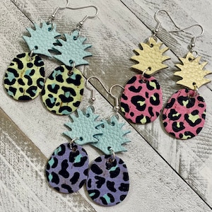 Pineapple leather earrings, leopard pineapple earrings, gift for her, handmade jewelry, pastel earrings, cork and genuine leather