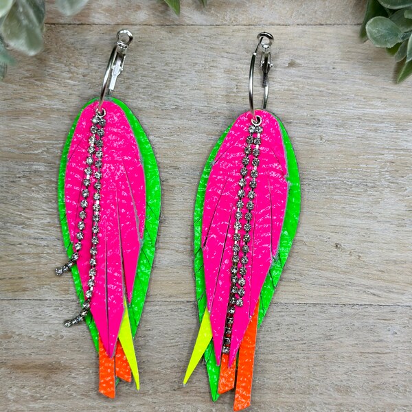 LARGE genuine leather neon fringe earrings, gift for her, summer earrings, bright feathers, rhinestones