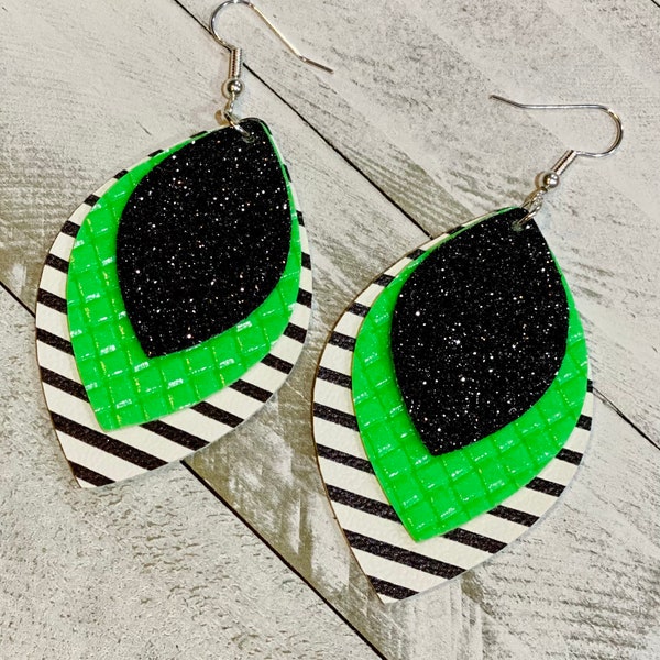 Neon green, black and white stripes and black glitter triple layer faux leather earrings, stocking stuffer