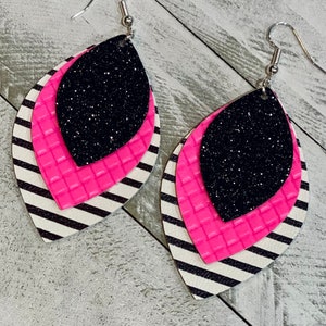 Neon pink, black and white stripes and black glitter triple layer faux leather earrings, stocking stuffer