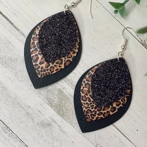 Leopard print earrings, Black glitter, handmade jewelry, gift for her