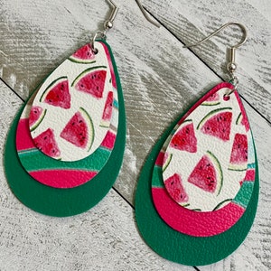 Watermelon and watermelon oil spill faux leather earrings