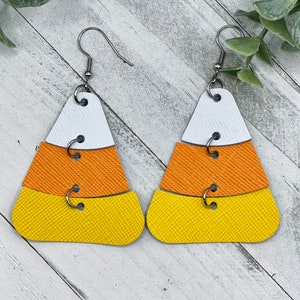 Candy corn earrings, Halloween earrings, cork earrings, gift for her, genuine leather