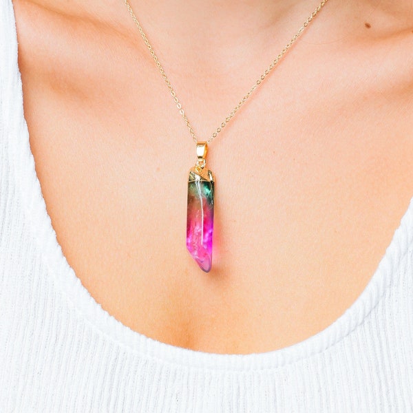 Rainbow Aura Raw Crystal Necklace - Rainbow Point Pendant Necklace - Rainbow Quartz Point Necklace - Rainbow Necklace- Rainbow Jewelry