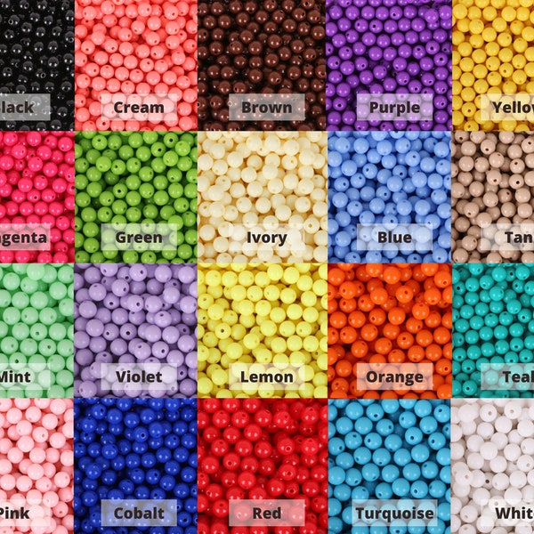 Perles rondes en acrylique 6 mm 8 mm 10 mm 21 couleurs - Boules rondes en acrylique - Perles en forme de boule de gomme - Perles acryliques chewing-gum - Perles en résine plastique - Perles pour enfants