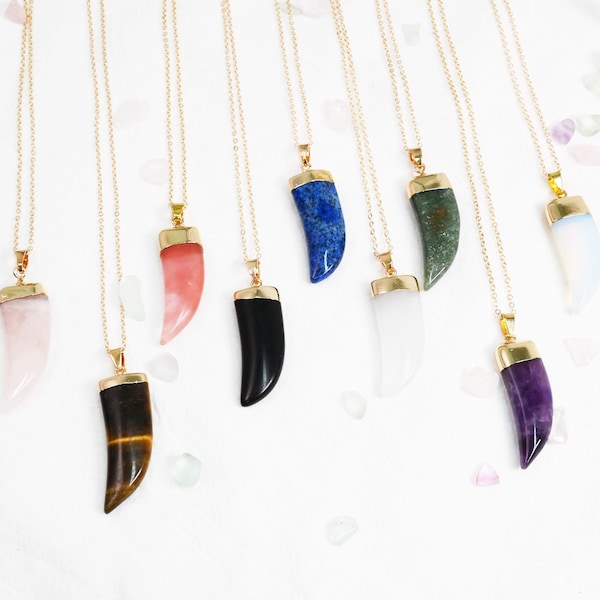 Crystal Horn Necklace - Crystal Tooth Necklace - Horn Stone - Tooth Stone - Gold Necklace - Amethyst Rose Quartz Tigereye Aventurine Opalite