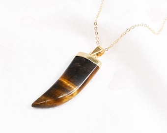 Tigereye Crystal Stone Horn Tooth Gold Necklace - Tigereye Horn Tooth Necklace - Tigereye Crystal Necklace - Crystal Gold Necklace