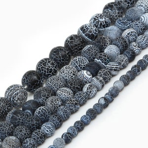 Natural Black Crackle Agate Beads - 6mm 8mm 10mm 12mm - Round Smooth Black Fire Crackle Agate Gemstone - 15" Full Strand - Wholesale Beads