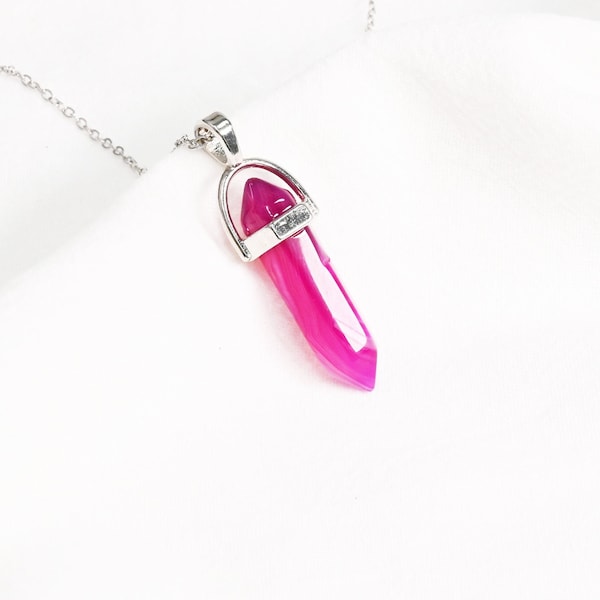 Hot Pink Quartz Crystal Point Pendant Silver Necklace - Hot Pink Crystal Necklace - Crystal Necklace - Pink Necklace - Silver Necklace