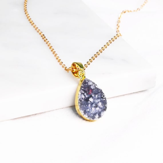 Grey Druzy Crystal Teardrop Gold Necklace Grey Crystal Necklace  Teardrop Crystal Necklace Crystal Gold Necklace Gold Druzy Necklace