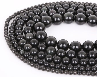 Genuine Natural Black Obsidian Beads - 4mm 6mm 8mm 10mm 12mm - Round Smooth Black Obsidian Gemstone - 15" Full Strand - Wholesale Beads