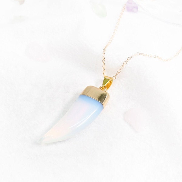 Opalite Crystal Stone Horn Tooth Gold Necklace - Opalite Crystal Horn Tooth Necklace - Opalite Necklace - Crystal Necklace - Gold Necklace