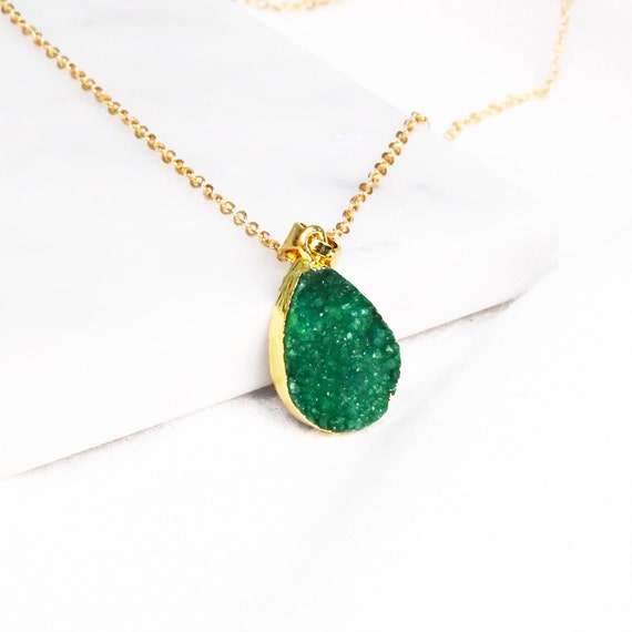 Green Druzy Crystal Teardrop Gold Necklace Green Crystal Necklace  Teardrop Crystal Necklace Crystal Gold Necklace Gold Necklace
