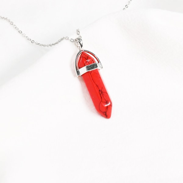 Red Howlite Crystal Point Pendant Silver Necklace - Red Howlite Crystal Necklace - Crystal Necklace - Red Howlite Necklace - Silver Necklace