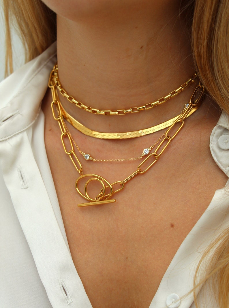 Collar De 3 Cadenas Collar de cadena de serpiente plana de oro baño chapado en | Etsy
