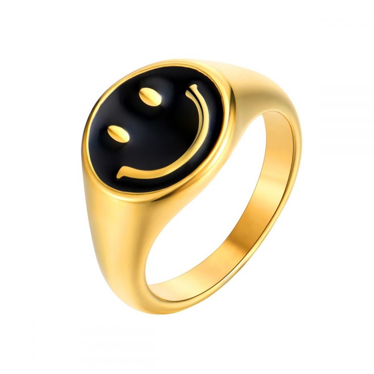 18K Gold Plated Smiley Signet Ring - Stackable Titanium Ring For Women & Men