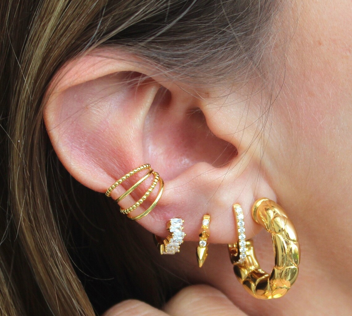 Gold Triple Ear Cuff Beaded Sterling Silver 925mm Gold Etsy