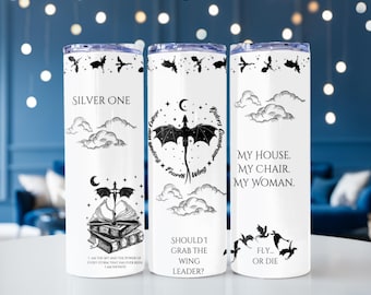 May include: Three white insulated tumblers with black dragon and cloud designs. One tumbler reads "SILVER ONE", another has "SHOULD I GRAB THE WING LEADER?", and the third says "MY HOUSE. MY CHAIR. MY WOMAN."