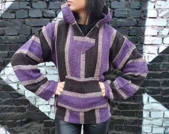 size Large Vintage Ethnic Woven Sweater Oversized Drug Rug Geometric Striped Hippie Hoodie Loose Boho Hoodie Unisex Baja Hoodie