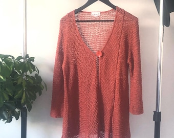 Vintage Knit Cardigan: Rose Gold Button-Front, Rusty Autumn Color (L/XL)