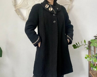 Retro wool coat, very warm womans classy feather design coat, padded winter black coat, size S