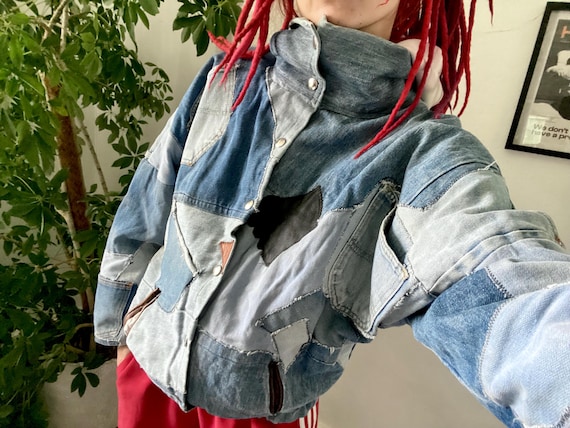 Handmade Patchwork Denim Bomber Jacket: Upcycled … - image 10