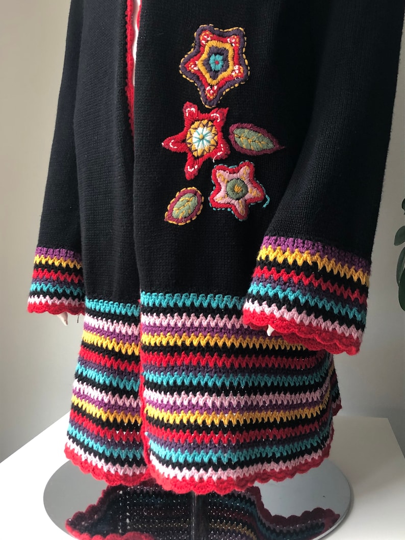 overcoat Hand crochet vintage cardigan with colorful flower embroidery Boho Hippie blazer Festival long jacket