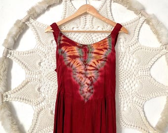 Boho Tie Dye Jumpsuit: Burgunder Hose mit weitem Bein, Größe S