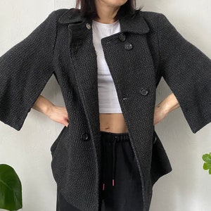 Crop sleeves wool jacket from EMILIA LAY, vintage black gray woolen opera blazer, Classic collared formal wear. Size GB20, D46