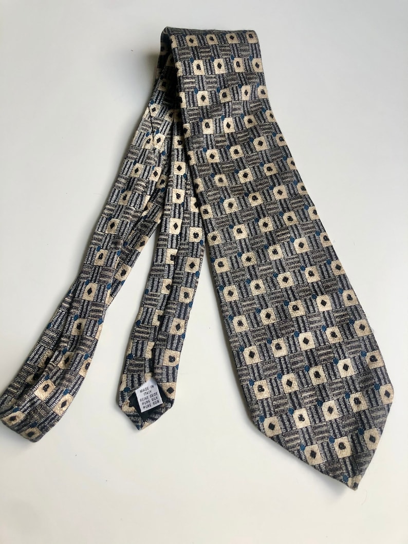 Vintage YORN silk Grey Dads tie geometric square Neck Tie, rubric cubic patter, mens necktie, Adult tie image 2