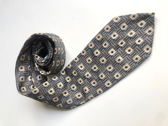 Vintage YORN silk Grey Dad’s tie geometric square… - image 1
