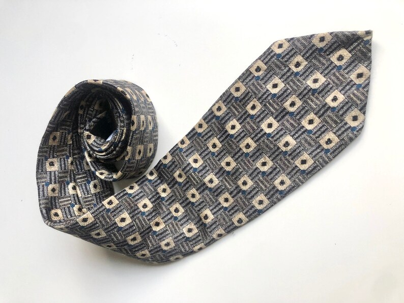 Vintage YORN silk Grey Dads tie geometric square Neck Tie, rubric cubic patter, mens necktie, Adult tie image 1