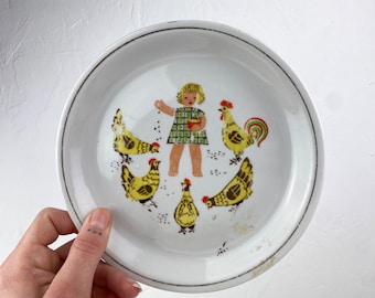 Vintage RPR Porcelain Plate: Girl Feeding Chickens, Riga 1967