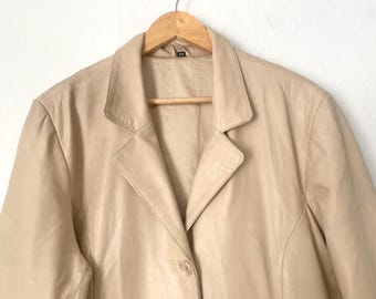 Vintage Beige Leather Coat: Relaxed 90s Style, Size 44