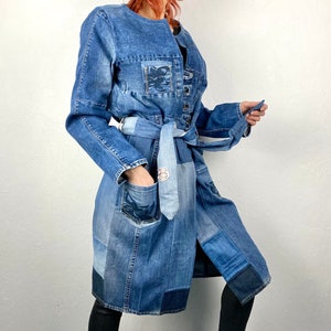 ZinaNatko Long Patchwork Jeans Coat, Designer Art Denim Unisex Jacket, Rip Jeans Clothing for Man and Woman. Size Large