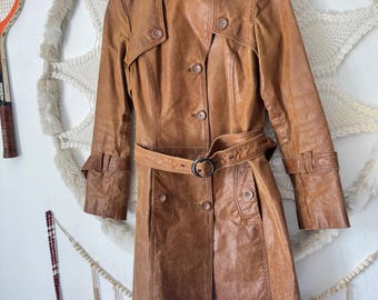 Bruine leren trenchcoat, ceintuur, damesmaat S, REFLEX