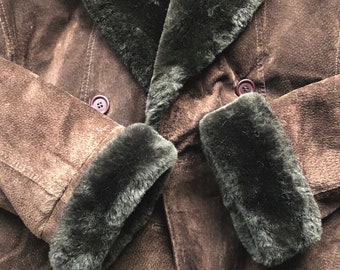 Vintage Brown Leather Coat: Vegan Fur Trim, UK Size 14