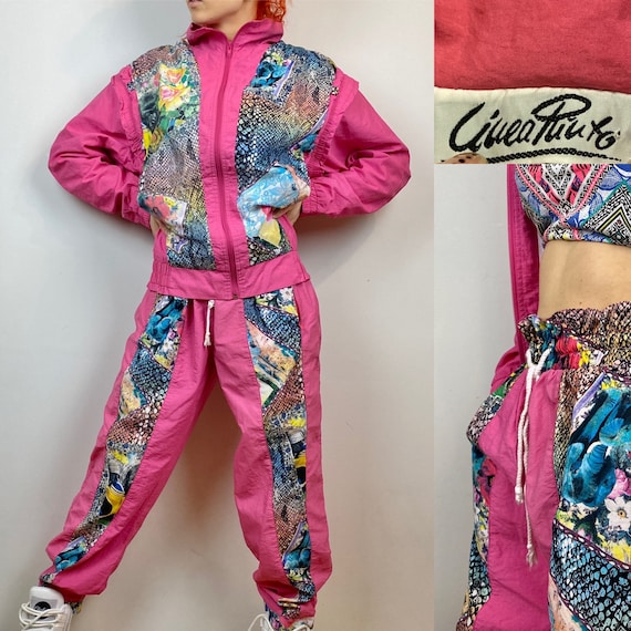 Colourful Tracksuit Set Vintage 80s, Ruffled Detailed Abstract Pink Bright,  Pants and Jacket, Gymnastics, High Waist, Sexy, Size S/M -  New Zealand