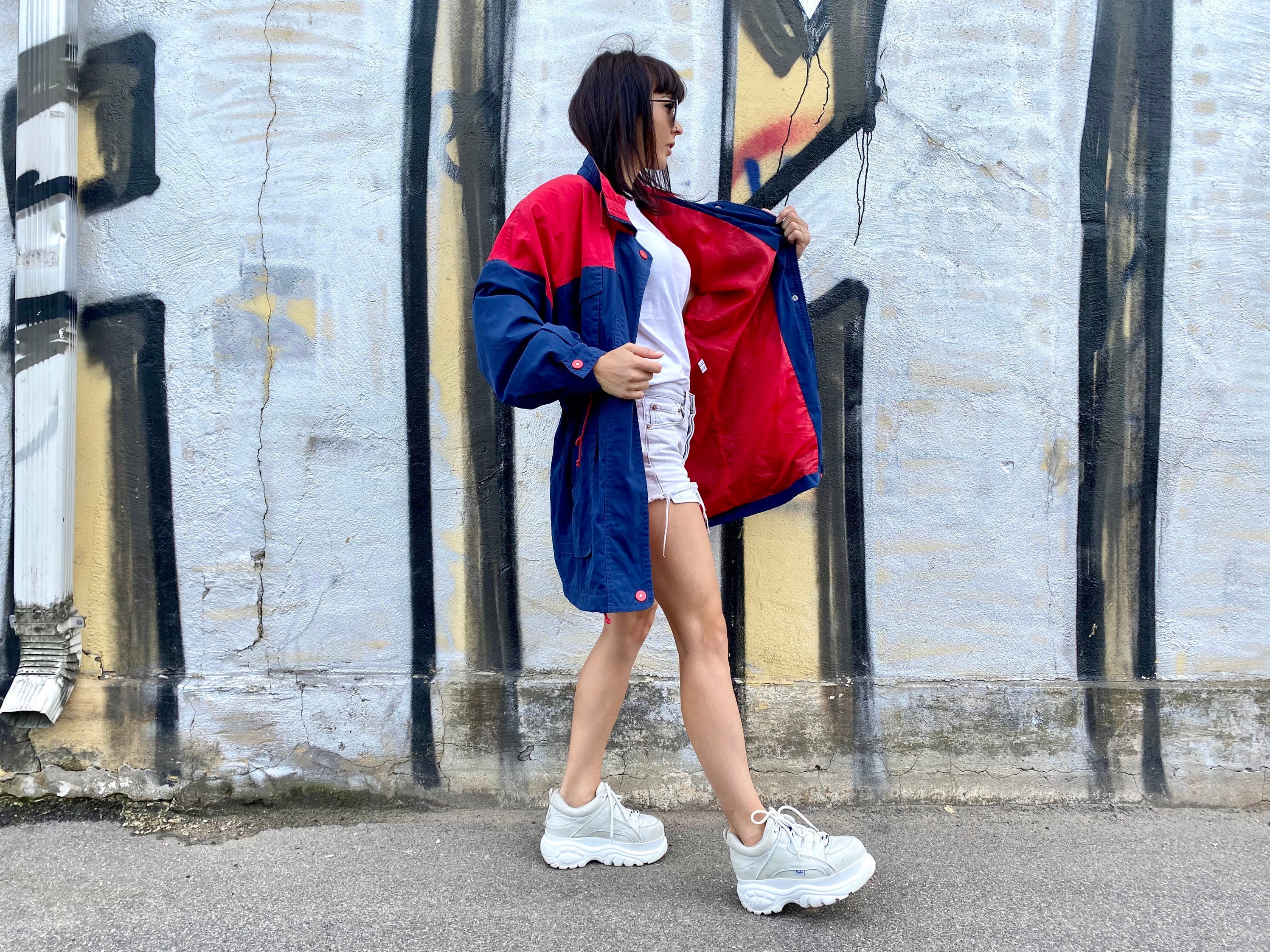 90s Windbreaker Jacket Weather Protect Overcoat Blue Red