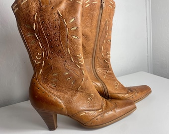 Vintage Leather Western Boots, Embroidered Cowgirl Boots, Lilley & Skinner UK6