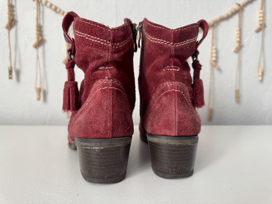 Burgundy ankle boots, woman’s suede leather slouchy shoes, size 38, foto 4 di 5