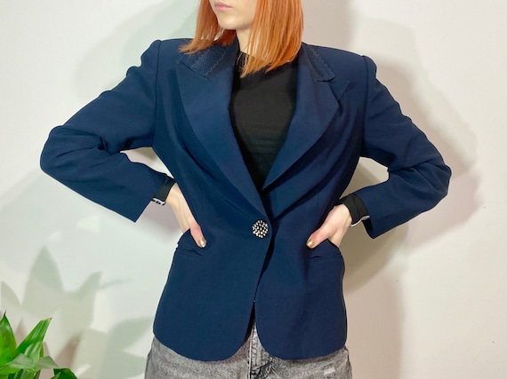 Vintage Royal Blue Blazer: Italian Detailed Collar Jacket, Size 46