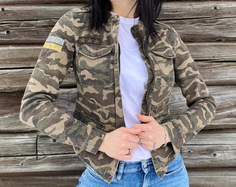 Vintage Camo Military Blazer - Khaki Green Embroidered Jacket - Size XS