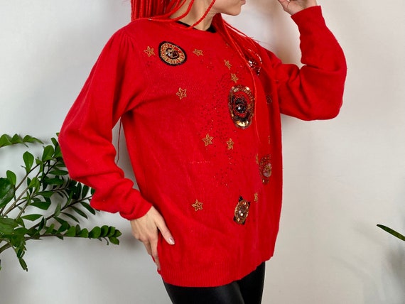 Vintage embellished sweater, 80’s red jumper, war… - image 4