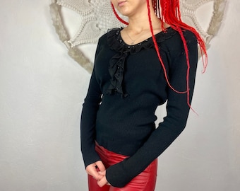 Vintage Black Ruffle Collar Sweater: Romantic V-Neck Top, Size M/L