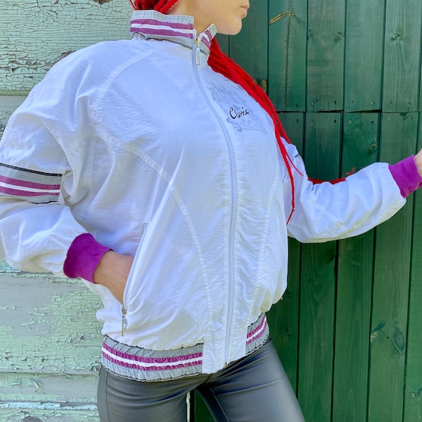 Vintage tracksuit Jacket from ETIREL, white games,  sport jacket, running jacket, white/purple jacket, YKK zipper, size S